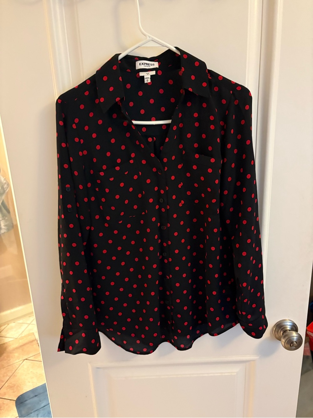 Express Black Red Polka Dot Portofino Button-Up Blouse